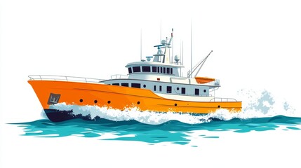 Bright Orange Boat Sailing on Waves with Clear Blue Water Background