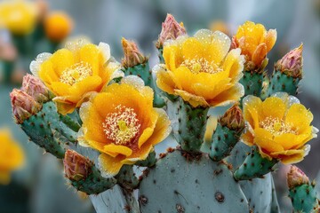 Cactus Bloom. Beautiful yellow cactus flowers with raindrops in a vibrant desert landscape.
