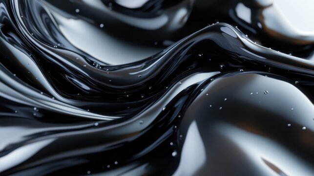 An abstract composition of flowing black liquid with glossy waves and bubbles, creating an enigmatic and captivating visual experience that evokes feelings of mystery and depth.