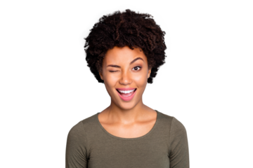 Close up photo of cheerful candid afro american girl wink blink have free time with her friends wear green casual clothes isolated over blue color background