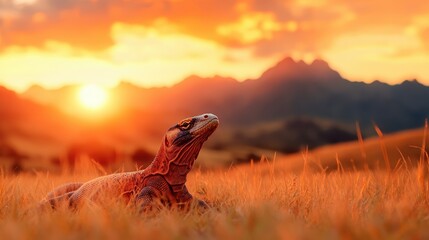 A remarkable lizard poses elegantly against a stunning sunset backdrop, highlighting the beauty of wildlife in nature and the warm tones of the evening sky.