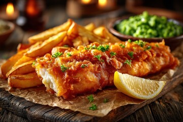 Tasty Fish and Chips. Crispy fried fish with golden fries and green peas.