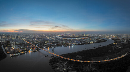 Stunning view of Phu My bridge illuminated at dusk overlooking Ho Chi Minh City, Vietnam