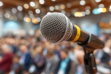 Public Speaking Event. Close-up of a microphone with an audience blurred in the background.