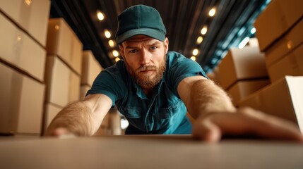A dedicated warehouse worker in a blue cap and shirt reaches for a cardboard box, showcasing the commitment and diligence required in logistics and shipping operations.