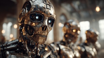 Robot Portrait. Close-up of a humanoid robot with metallic features and glowing eyes.