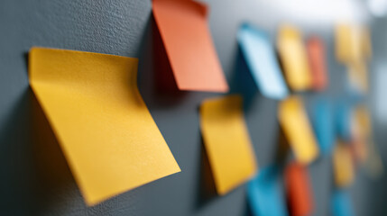 Colorful sticky notes on wall, used for brainstorming or planning in creative workspace, with focus on yellow, orange, blue, and red notes, conveying organization and idea development