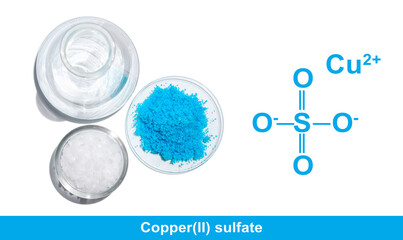 Copper(II) sulfate with molecular structure. Chemical ingredient used in medical and public health...