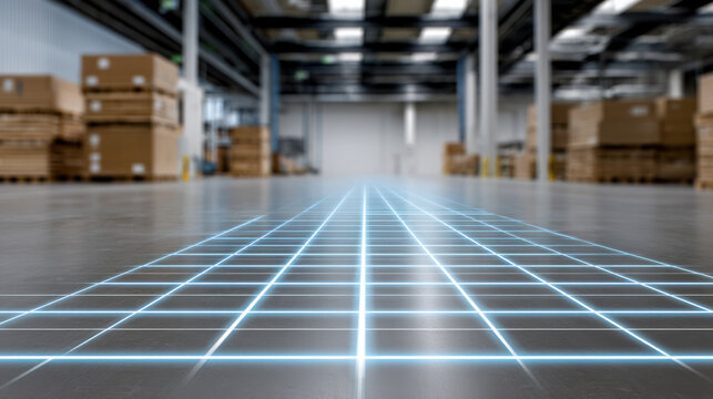 Futuristic warehouse with glowing digital grid on floor, surrounded by stacked boxes and industrial shelves, creating high tech and modern logistics environment