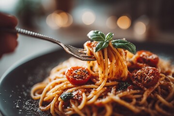 Delicious Pasta Dish with Cherry Tomatoes and Basil. A fork twirls spaghetti topped with fresh basil.