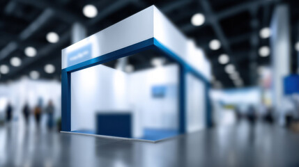 Wide trade booth setup at innovation fair with modern design and bright lighting, creating inviting atmosphere for visitors and exhibitors, showcasing new products and ideas