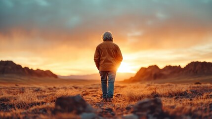 A serene silhouette of a man walking alone towards a stunning sunset, surrounded by nature, evoking feelings of solitude, reflection, and the beauty of the natural world.