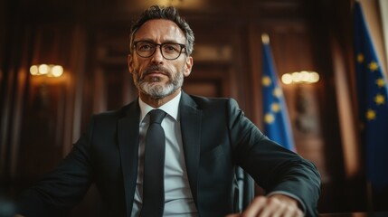 A serious-looking man in a suit sitting confidently in a professional office environment, symbolizing leadership, authority, and professionalism as he faces the camera.