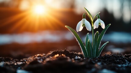 Delicate snowdrops emerge from the earth as the sun shines brightly, symbolizing renewal, hope, and the beauty of nature awakening after winter's chill.