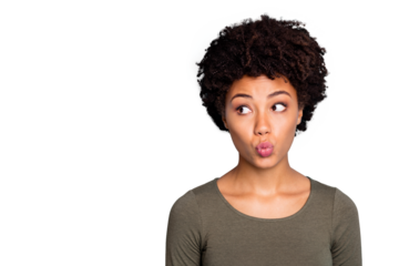 Portrait of negative anxious dark skin girl with lips pouted plump look stare made mistake worry  wear style clothes isolated over blue color background