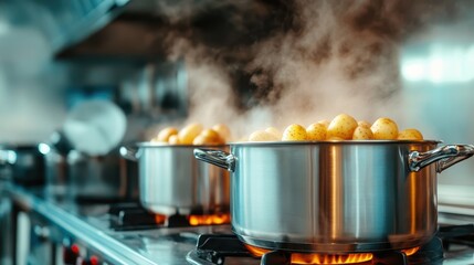 Two pots on the stove boil potatoes, showcasing a busy kitchen scene filled with steam and culinary anticipation, emphasizing the joy of home cooking and nourishment.