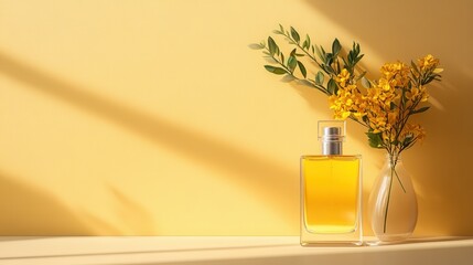 A radiant perfume bottle stands elegantly beside a bouquet of yellow flowers against a bright background, symbolizing beauty, freshness, and the essence of luxury.