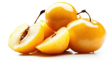 A vibrant cluster of ripe yellow apples, some cut in half to showcase their juicy interior, inviting you to savor the fresh taste of nature's sweetness.
