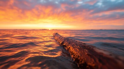 A serene sunset view over gentle waves, featuring a weathered piece of driftwood resting on the shore, highlighting the beauty of nature in vibrant colors and stillness.