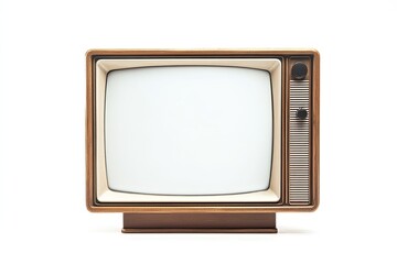 Retro television set, light brown wooden casing, blank screen, isolated on white background