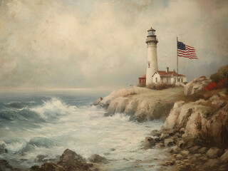 Vintage Independence Day Print with American Flag & Coastal Lighthouse