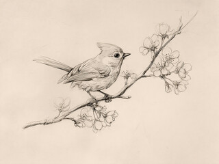 Vintage Titmouse Bird Print on Flower Branch