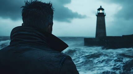 A man staring at a distant lighthouse across a stormy sea