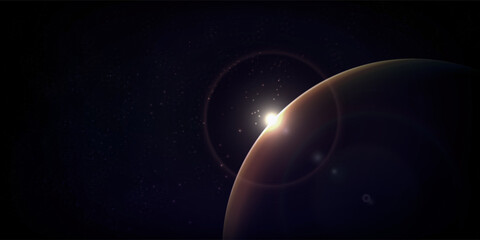 Dark sky background.Space sunrise, good morning world. Sunrise with rays and lens flare.