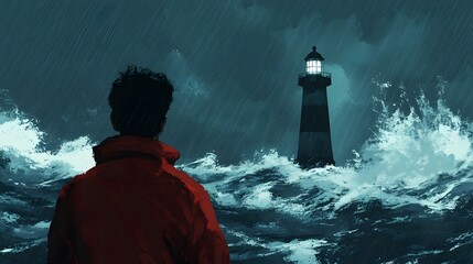 A man staring at a distant lighthouse across a stormy sea