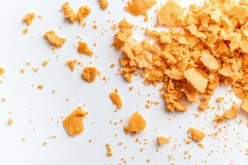 Crushed, light orange-yellow cookie crumbs scattered on a white surface.  Small, irregular pieces of baked good