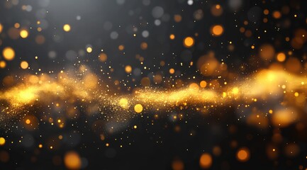 Abstract golden particles flowing on a dark background.  Golden light trails, blurred bokeh effect, soft light,  dark backdrop,  glowing particles,  abstract design