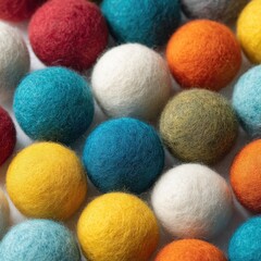 Colorful wool balls.  A close-up view of various colorful felt balls, densely packed together.  Different shades of red, orange, yellow, blue, green, and white are visible