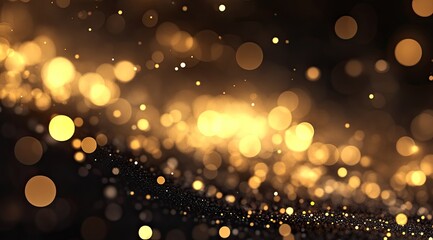 Golden light particles swirling on dark background.  A dynamic display of golden bokeh highlights, creating a sense of movement and energy.  Soft focus, high contrast between light and dark