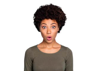 Photo of excited trendy attractive charming black millennial hipster astonished about she sees sales and goods discounted isolated over vivid blue color background