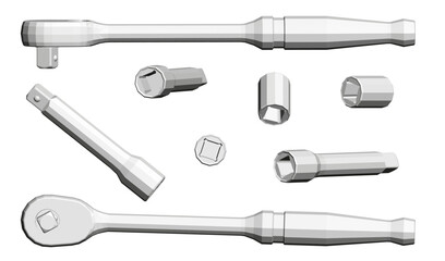 A set of tools including a wrench, pliers, and screwdriver. The image is a close up of the tools, with each tool shown in detail. Scene is one of precision and focus