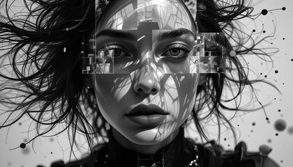  Black and white composition female face, geometric light highlights on skin, hair disintegrating into separate strands. Choker and clothes as reference points. Background-dynamic ink splashes