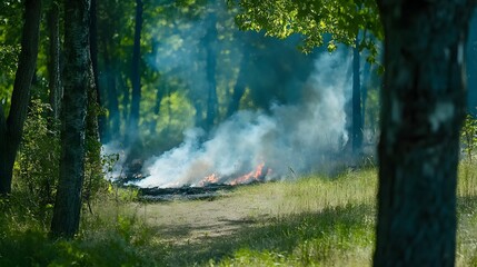 Forest Fire Smoke Path Burning Grass Trees