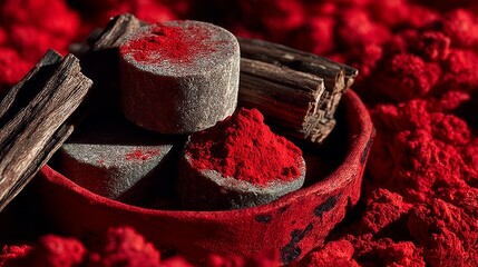 Red pigment and sandalwood in bowl for Indian festival color powder beauty cultural tradition background texture