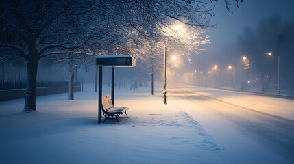 A lone bus stop in a snowy empty street