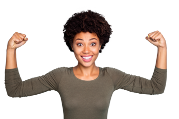 Portrait of amazed crazy mulatto girl show muscles impressed by her power scream wow omg wear casual style clothes isolated over blue color background