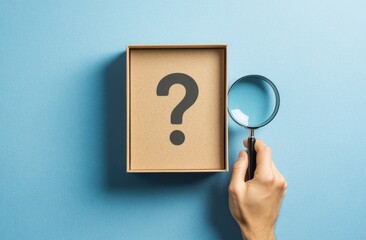 A cardboard box with a question mark,  examined by a magnifying glass
