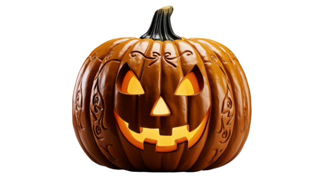 Jack-o-lantern pumpkin design, spooky Halloween 3D render, festive autumn decoration, digital art illustration, isolated on transparent background.