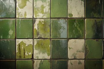 Naklejka premium Square green tiles show their wear and form an interesting pattern, the textured surface revealing slight variations in color and some age on the old surface.