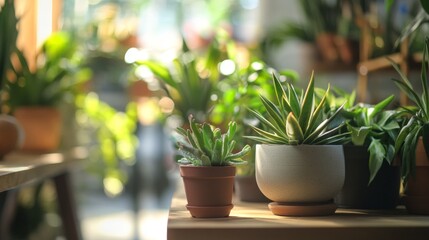 Potted green houseplants in sunlit garden patio area with a natural lifestyle setting