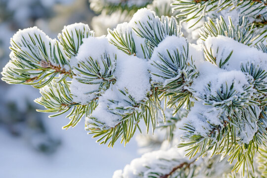 Branch of green pine tree is covered with thick white snow after a cold winter day and the sunlight shines through the needles in the forest.