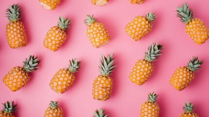 Pattern of fresh pineapples on pink background in fun vibrant tropical fruit design