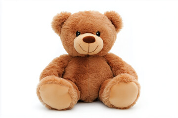 Obraz premium Fluffy brown teddy bear is sitting on a plain white background and it looks happy with its cute smile and soft fur.