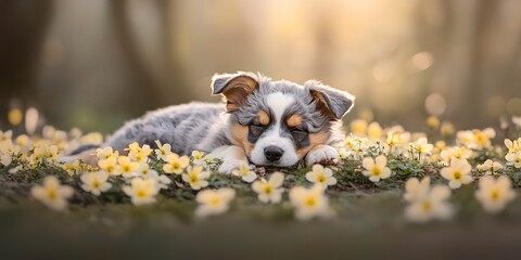 Fototapeta premium Adorable Puppy Sleeping in Spring Flowers