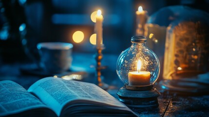 Naklejka premium Open book with candlelight and potion bottles in magical fantasy storytelling setting ambiance