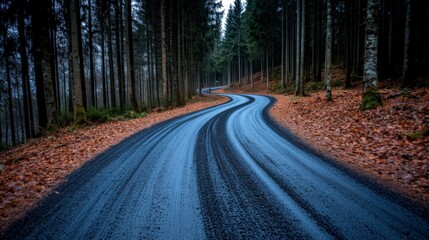 Fototapeta premium Winding gravel road through a dense forest with tall trees and autumn leaves
